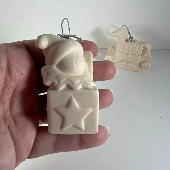 Set Of 6 Unpainted Ceramic Christmas Ornaments With Silver String Hangers - Picture 7 of 10